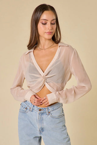 Sheer Twisted Front Collared Crop Top