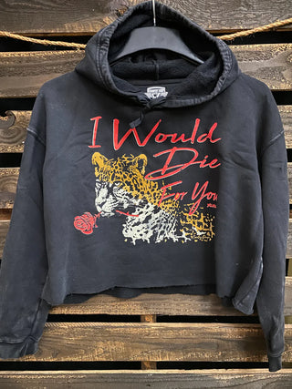 I Would Die For You Acid Wash Cropped Hooded Sweatshirt