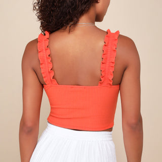 Musing About You Orange Ribbed Ruffle Strap Cropped Tank Top | LULUS